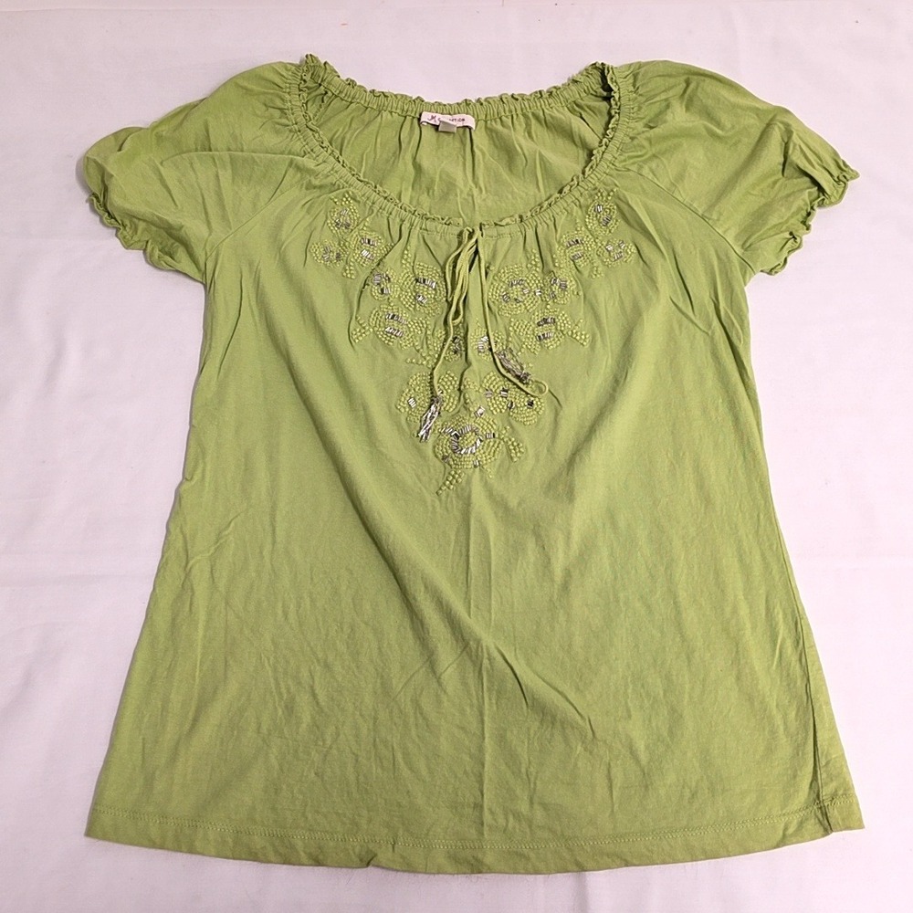 JM Collection Peasant Top Womens S Green Beaded Embroidered Cotton Short Sleeve